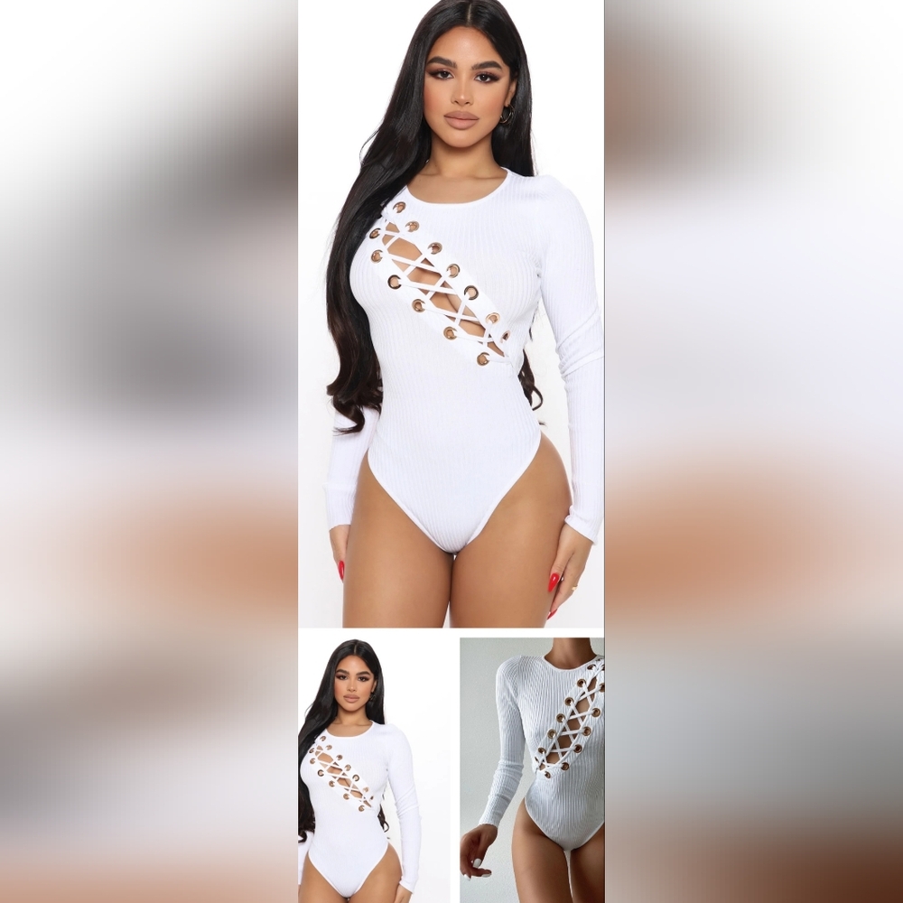 Fashion Nova All Laced Up Sweater Bodysuit‎ - White - Plus Size 2XL